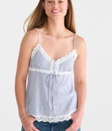 Striped Lace-Trim V-Neck Babydoll Cami