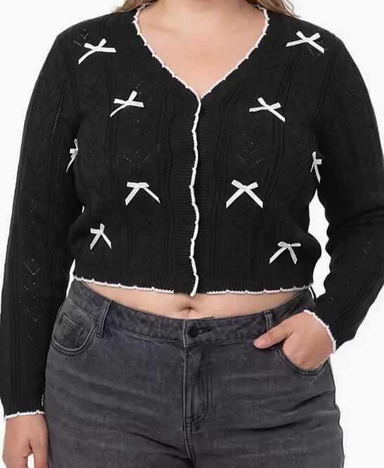 Plus Size Lovesick Cropped Pointelle Bow Cardigan