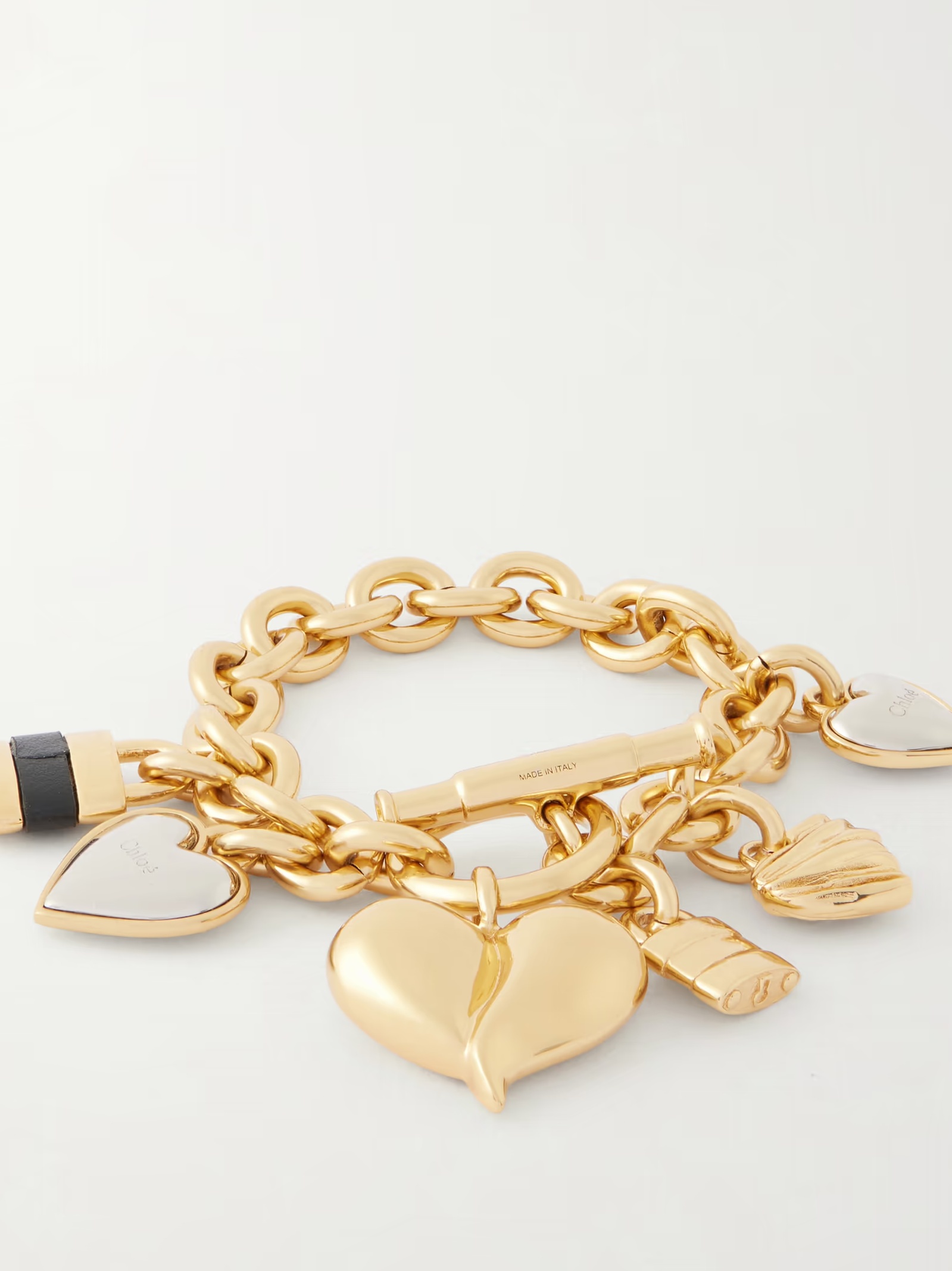 Logo-detailed leather-trimmed gold and silver-tone charm bracelet