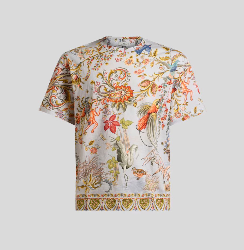 COTTON T-SHIRT WITH PLACED FLORA AND FAUNA PRINT