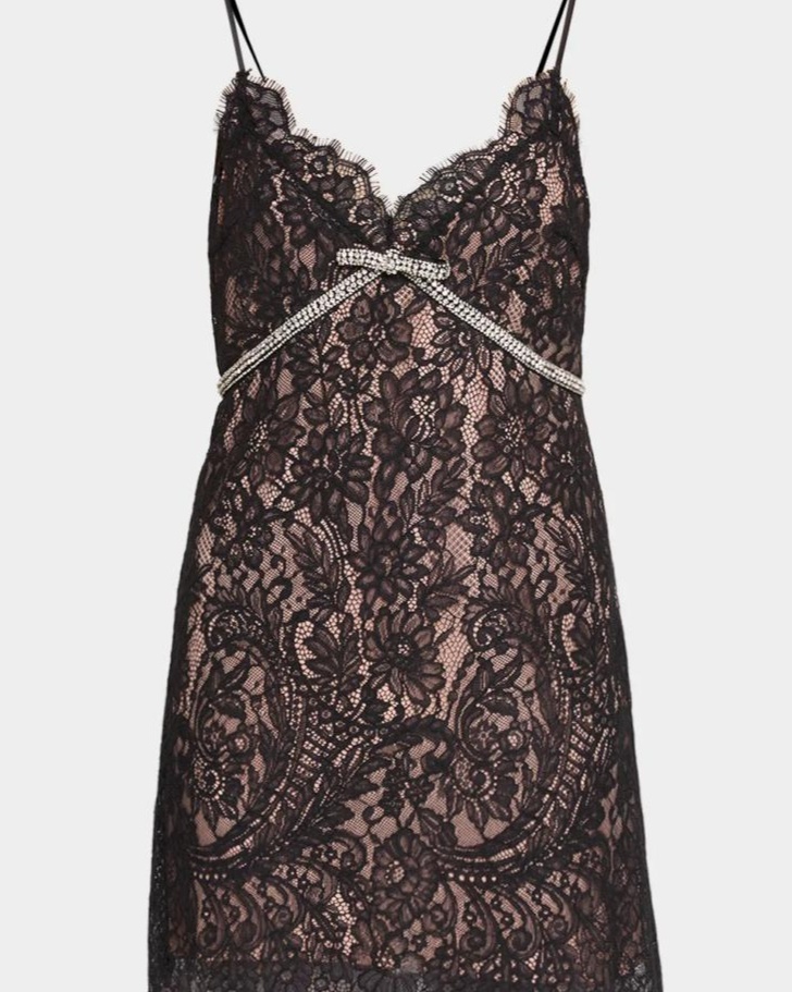 Eviara Lace Mini Dress with Crystal Bow