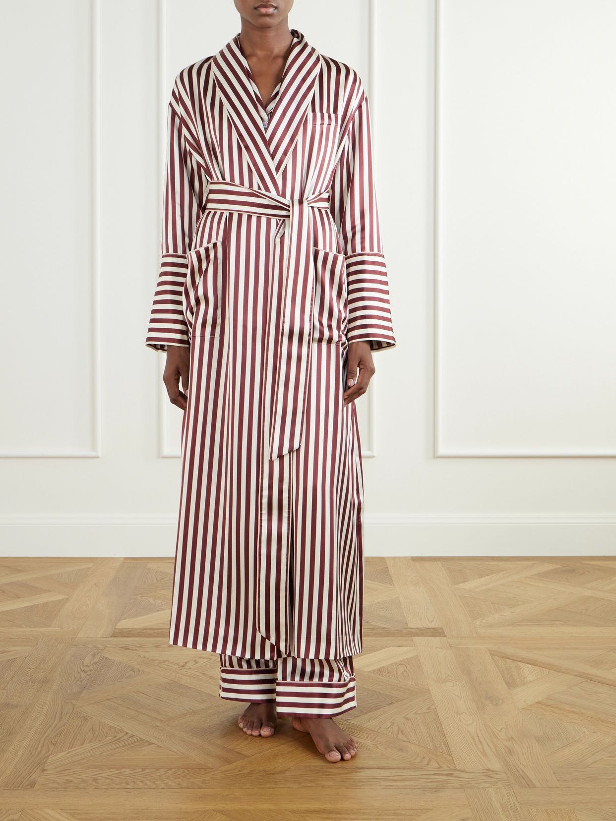 Capability belted striped silk-satin robe
