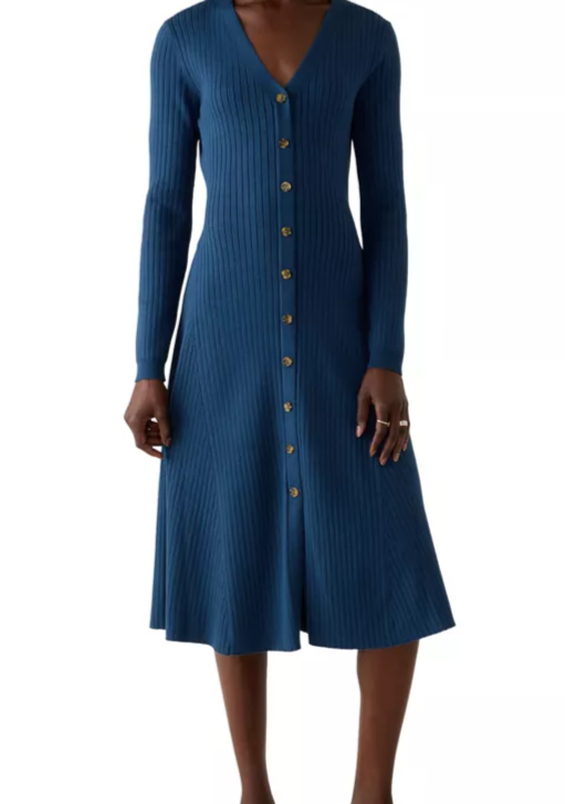 Women's Long Sleeve Ribbed Knit Midi Sweater Dress