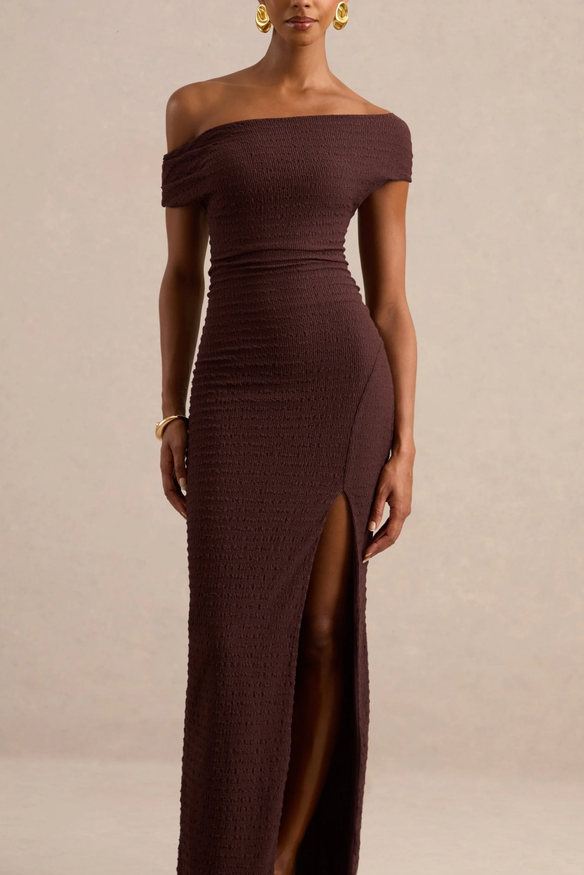 Dark Brown Textured Jersey Bardot Short Sleeve Maxi Dress with Split