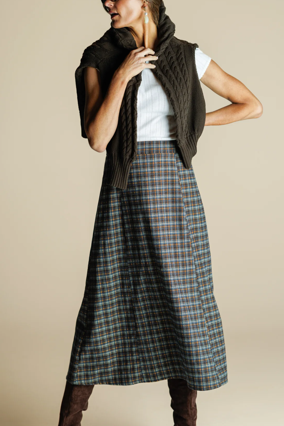 Paloma Skirt in Navy & Brown Brushed Plaid