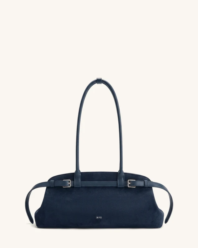 Arden Faux Suede Belt Detail East-West Shoulder Bag - Navy Blue