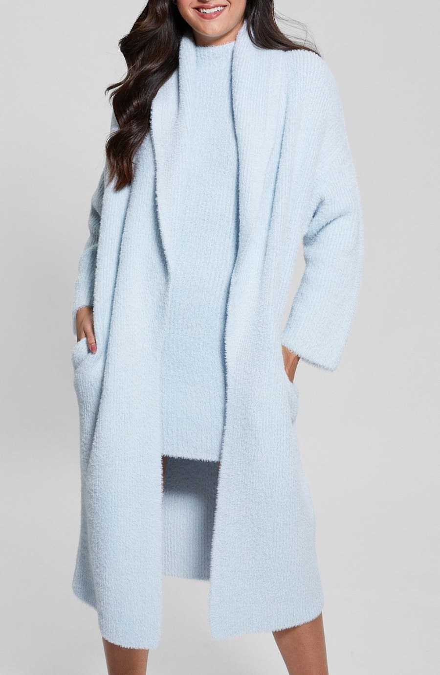 Vero Fuzzy Shawl Collar Longline Cardigan