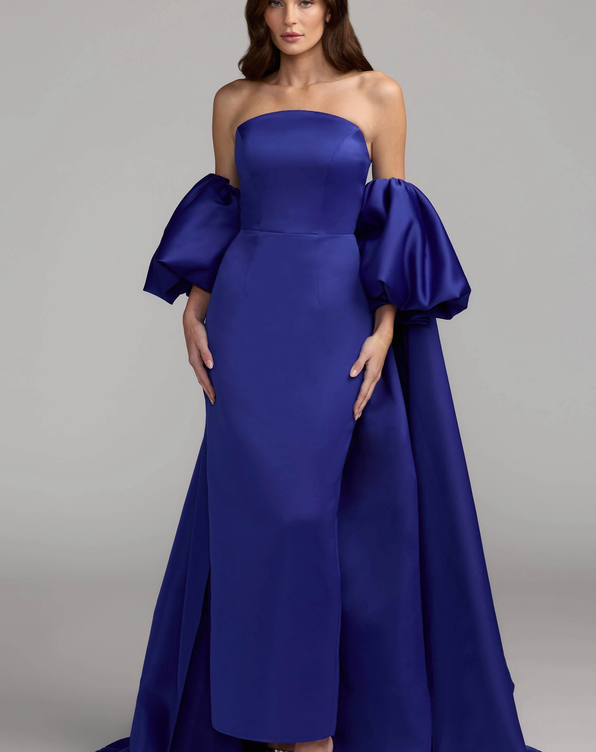 Cobalt Blue Strapless Puff Sleeve Satin Gown With Cape