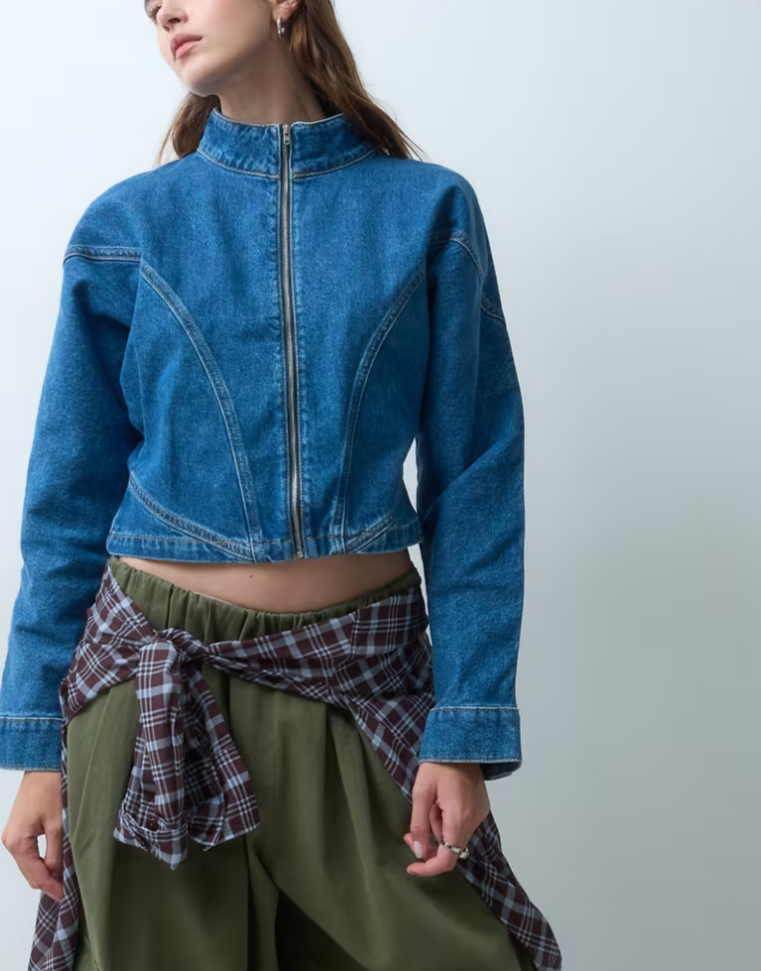 ASOS DESIGN denim zip funnel neck jacket in mid blue