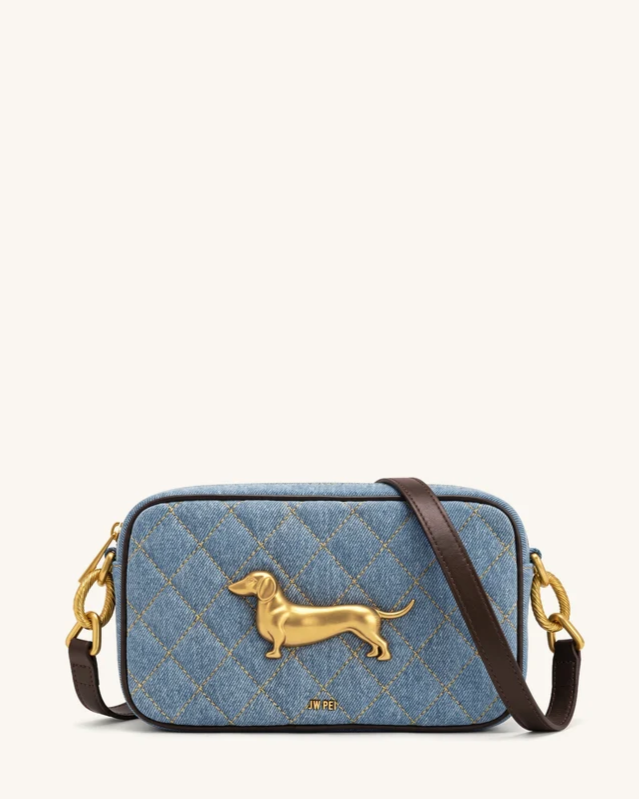 Riley Dachshund Quilted Shoulder Bag - Light Blue Denim