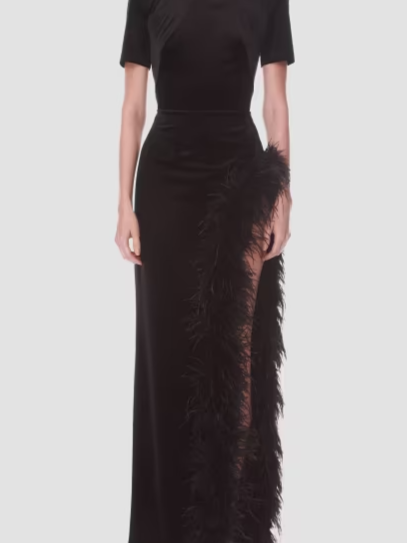 Velvet Feather Trim Slit Gown