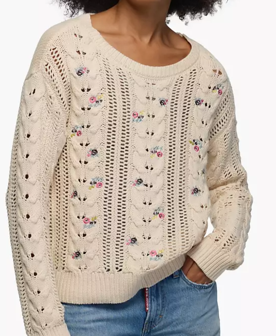 Women's Floral-Embroidered Cable-Knit Crewneck Sweater