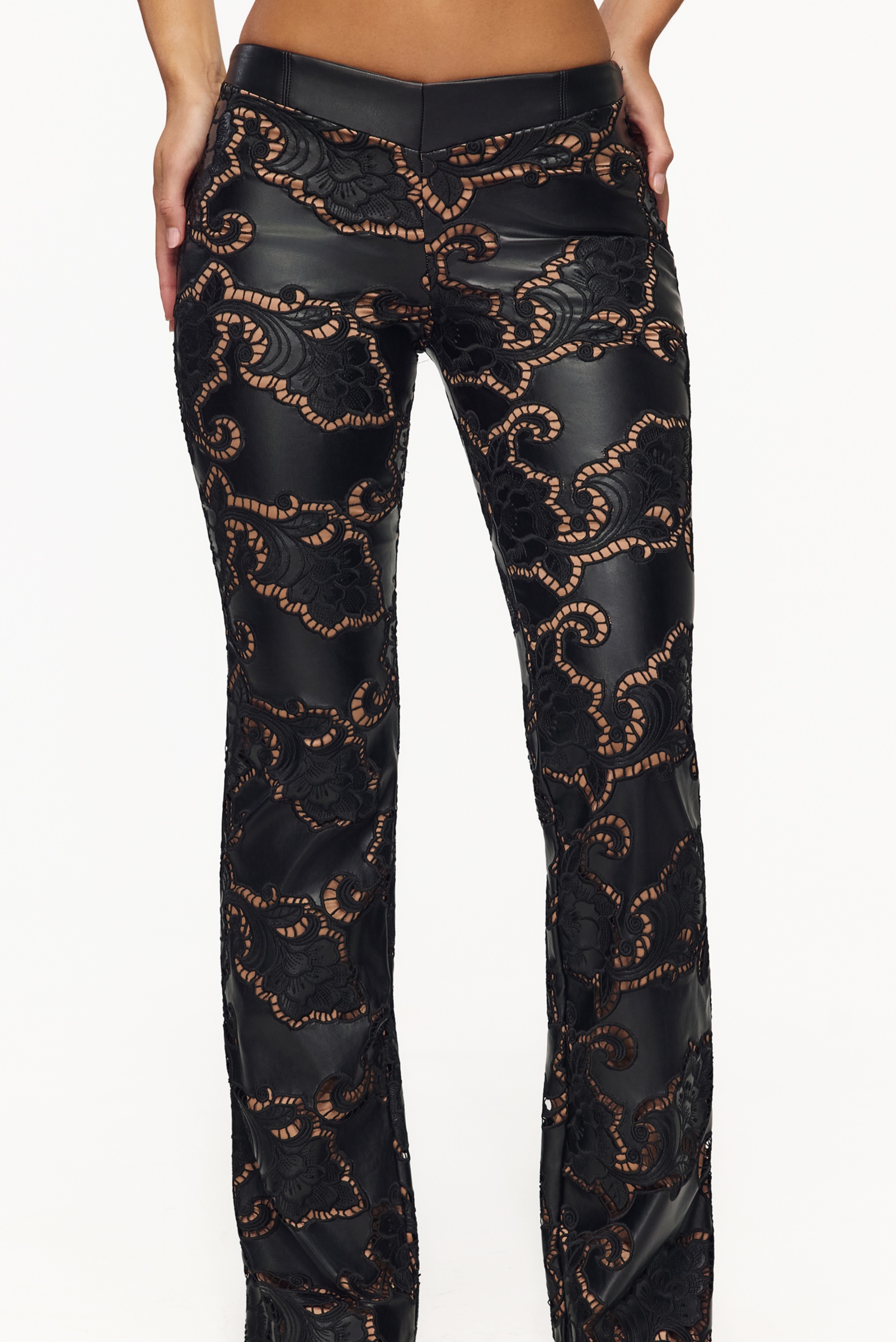 Elina Black Vegan Leather Embroidered Bootcut Trousers