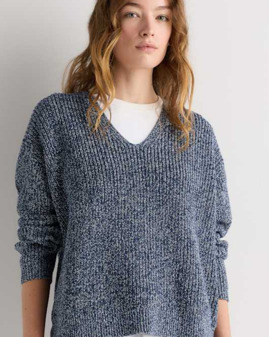 Twilight Blue Marl 100% Organic Cotton Fisherman V-Neck Sweater