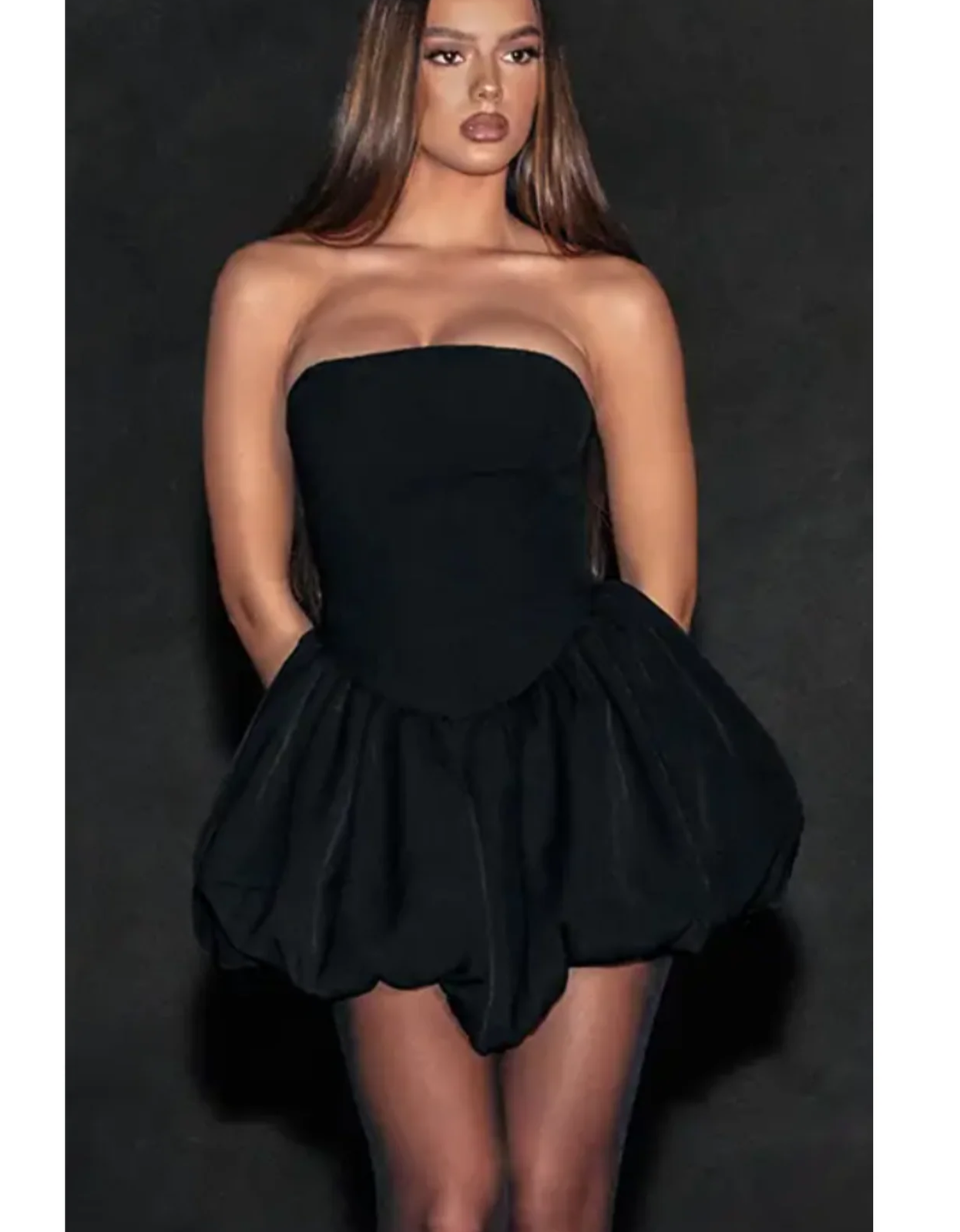 Prettylittlething Premium Bandeau Puff Ball Dress - Black - M (New With Tags)
