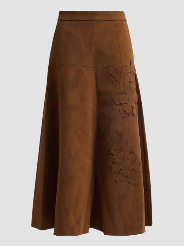Kara Floral-Embroidered Faux-Suede Midi Skirt
