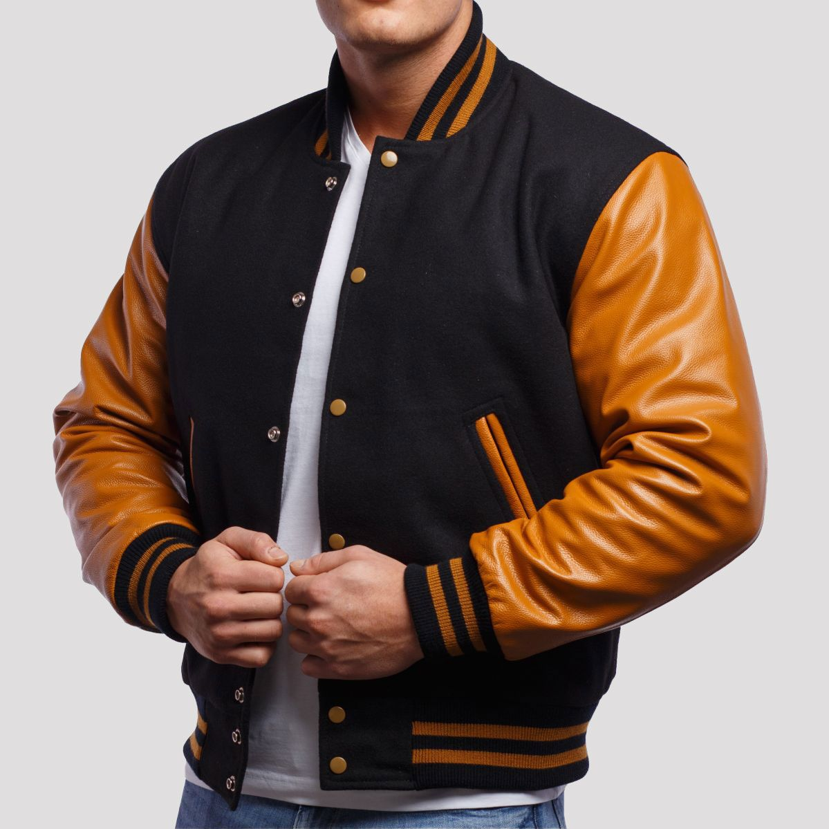 Varsity Base Black Wool & Old Gold Genuine Leather Varsity Letterman Jacket