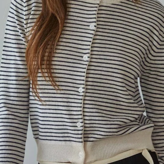 Knit Sweater Acrylic Striped Crew Neck Cardigan