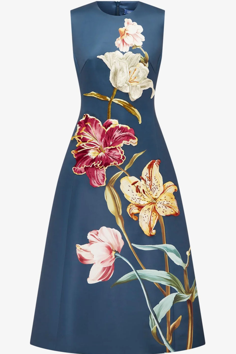 Cleo Embroidered Sleeveless Midi Dress - Lily Print in Indigo