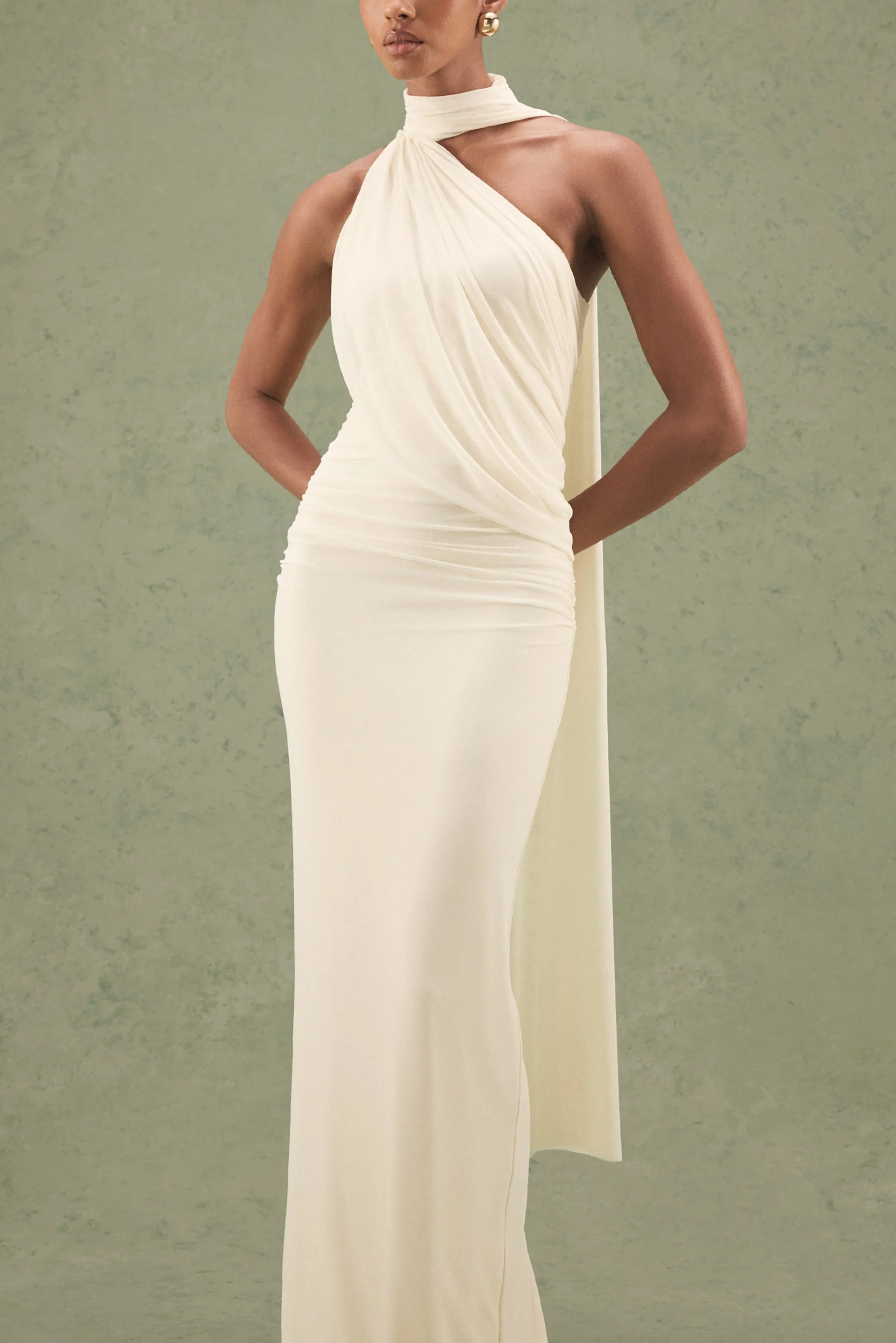 Cream Mesh High Neck Ruched Maxi Dress with Scarf Detail