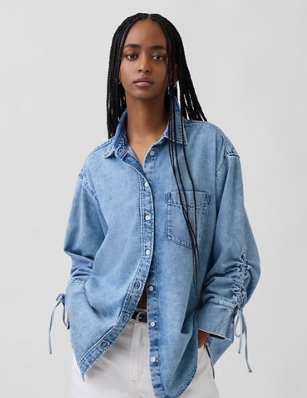 UltraSoft Denim Oversized Ruched-Sleeve Shirt