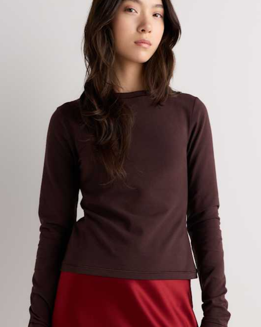 Chocolate Plum Brown Stretch Cotton Jersey Cropped Fitted Long Sleeve T-Shirt