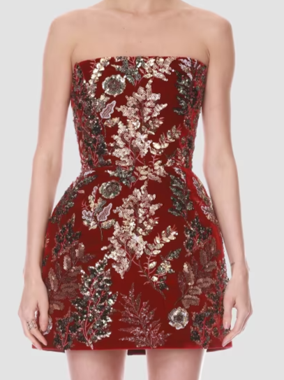 Embellished Velvet Fit & Flare Strapless Mini Dress