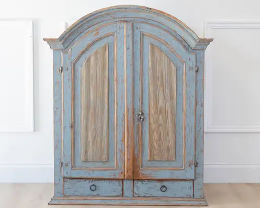 Swedish Early 19th Century Blue Painted Arched Wall Cabinet