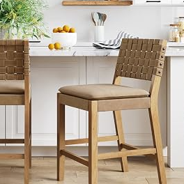 Nathan James Cohen Mid-Century Modern Leather Bar Stool, Counter Height Chair in Solid Wood Frame with Footrest and Woven Leather Back for Kitchen, Natural Brown, 1 count, Barstool - 24 in