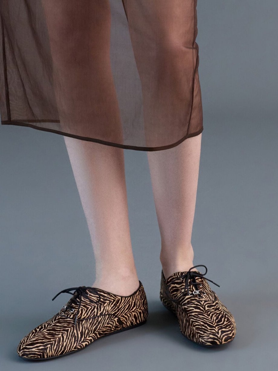 Pippa Zebra-Print Calf Hair Derby Flats - Animal Print Sand