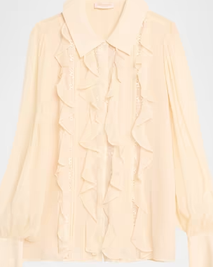 Ramy Brook Claire Ruffle Blouson-Sleeve Silk Blouse