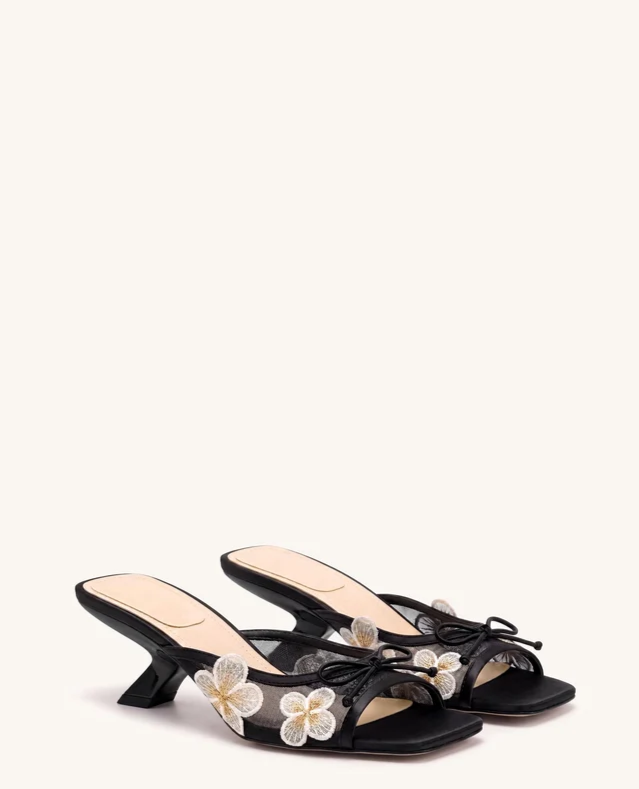 Mireille Bow Floral Embroidered Appliqué Mesh Heeled Sandals - Black