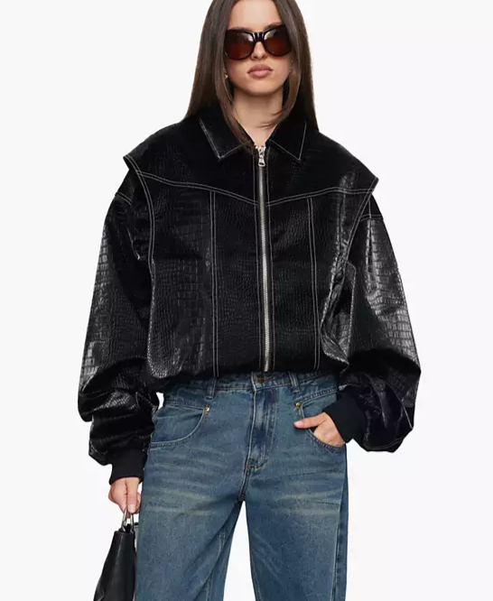 Women's Vista Cropped Croc-Embossed Bomber Jacket