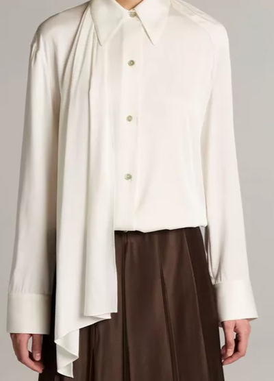 Silk-Blend Draped Scarf-Tie Blouse