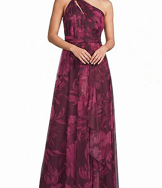 Adrianna Papell Floral Print Tulle One Shoulder Cascading Ruffle Long Dress