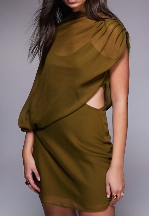 high neck draped asymmetric mini dress