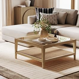 Nathan James Hayes Glass Top Coffee Table, Solid Wood Coffee Table with Glass Top and Rattan Bottom Shelf, Light Brown