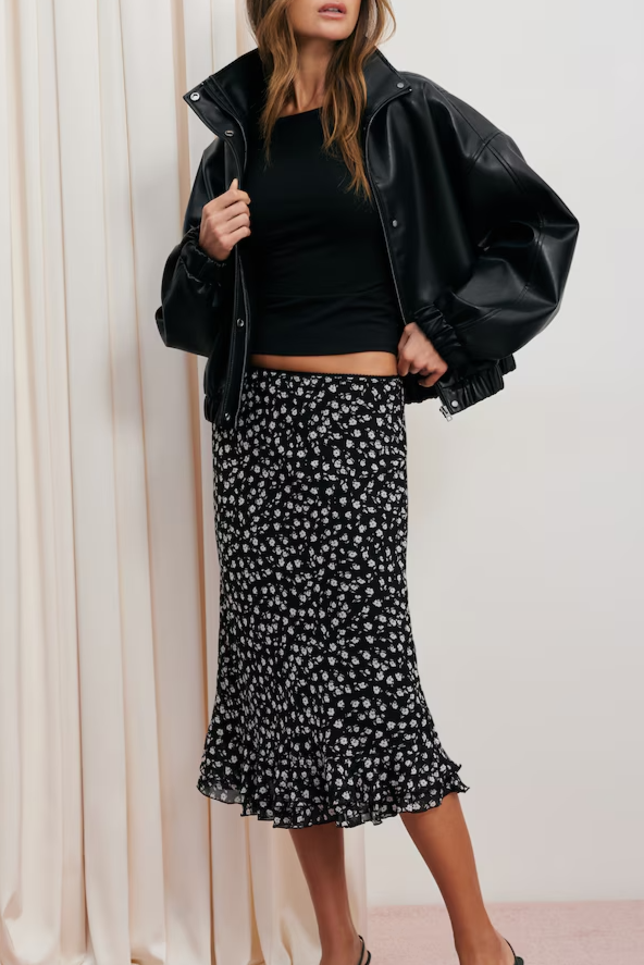 Ruffled Georgette Midi Skirt
