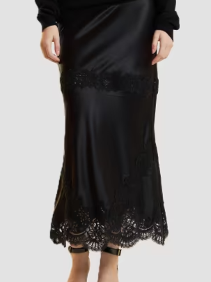 Satin Lace-Trim Midi-Skirt