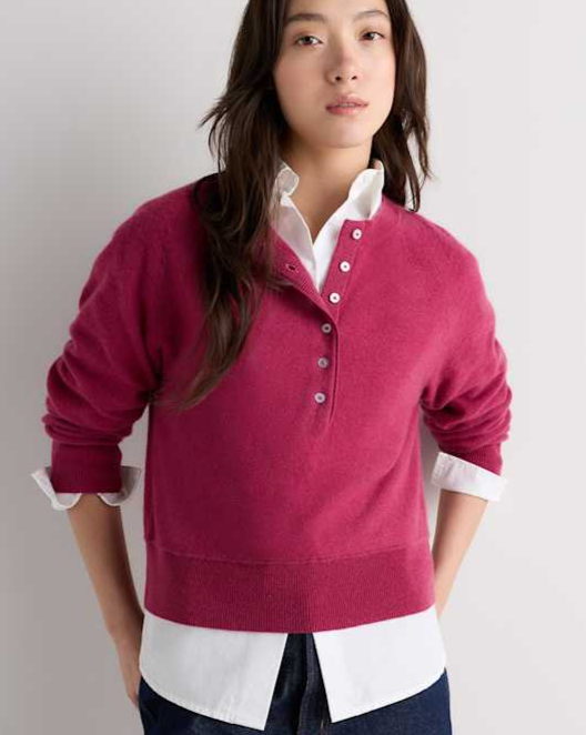 Passion Pink Mongolian Cashmere Dolman Sleeve Henley Sweater