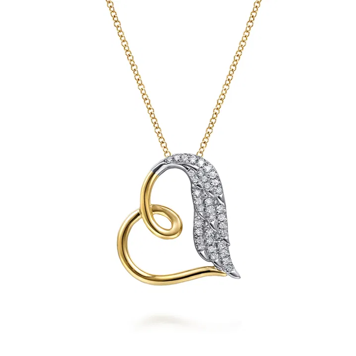 14K White Yellow Gold Diamond Heart Angel Wing Pendant Necklace