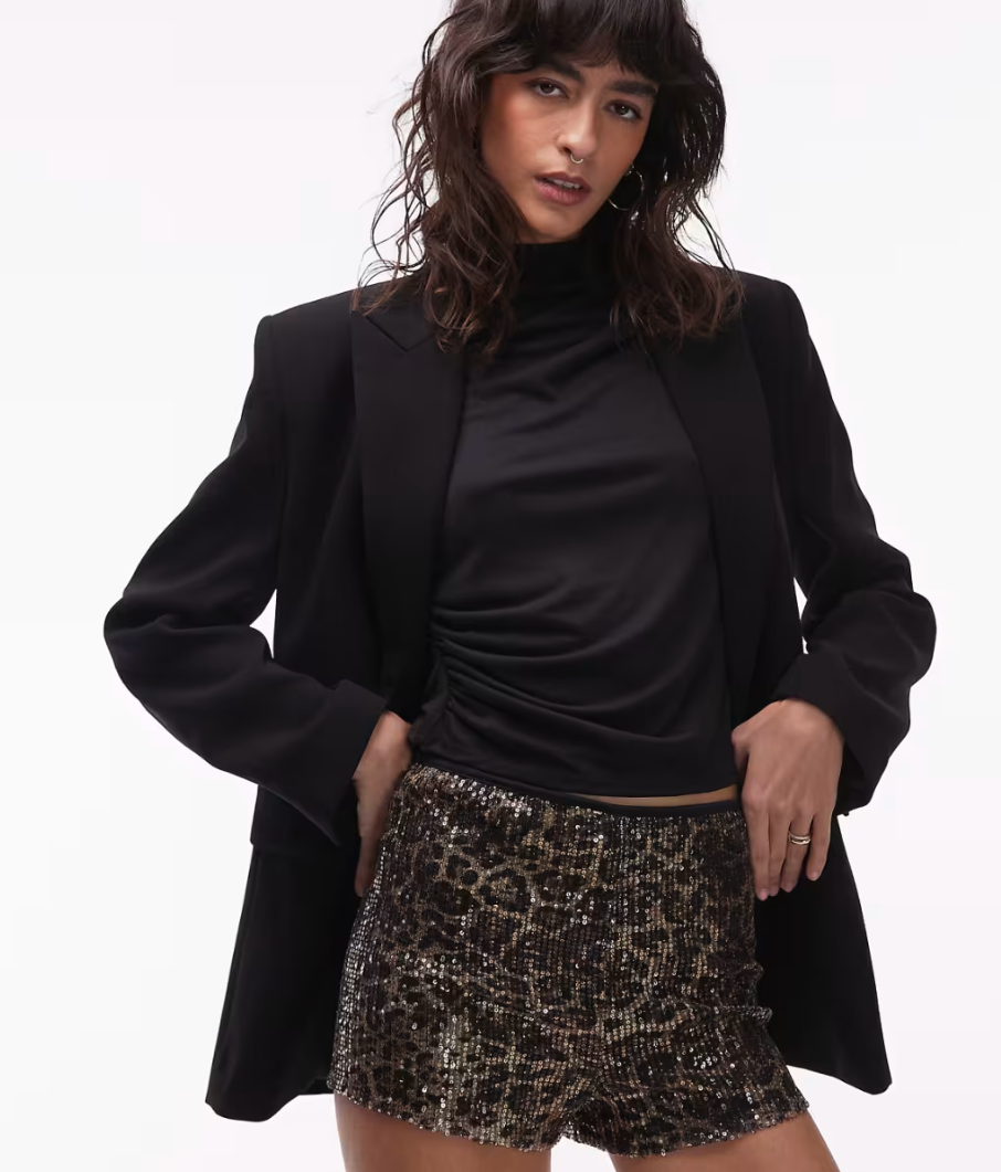 DESIGN sequin mini shorts in animal print