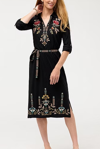 EMBROIDERED BELT HENLEY DRESS