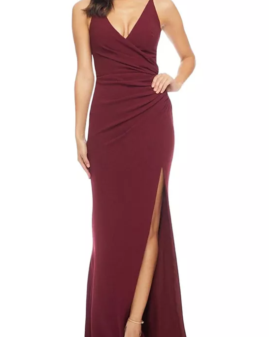 Jordan Plunge Neck Ruched High Slit Gown