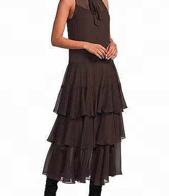 Katheryn Tie High Neck Sleeveless Ruffle Tiered Midi Dress
