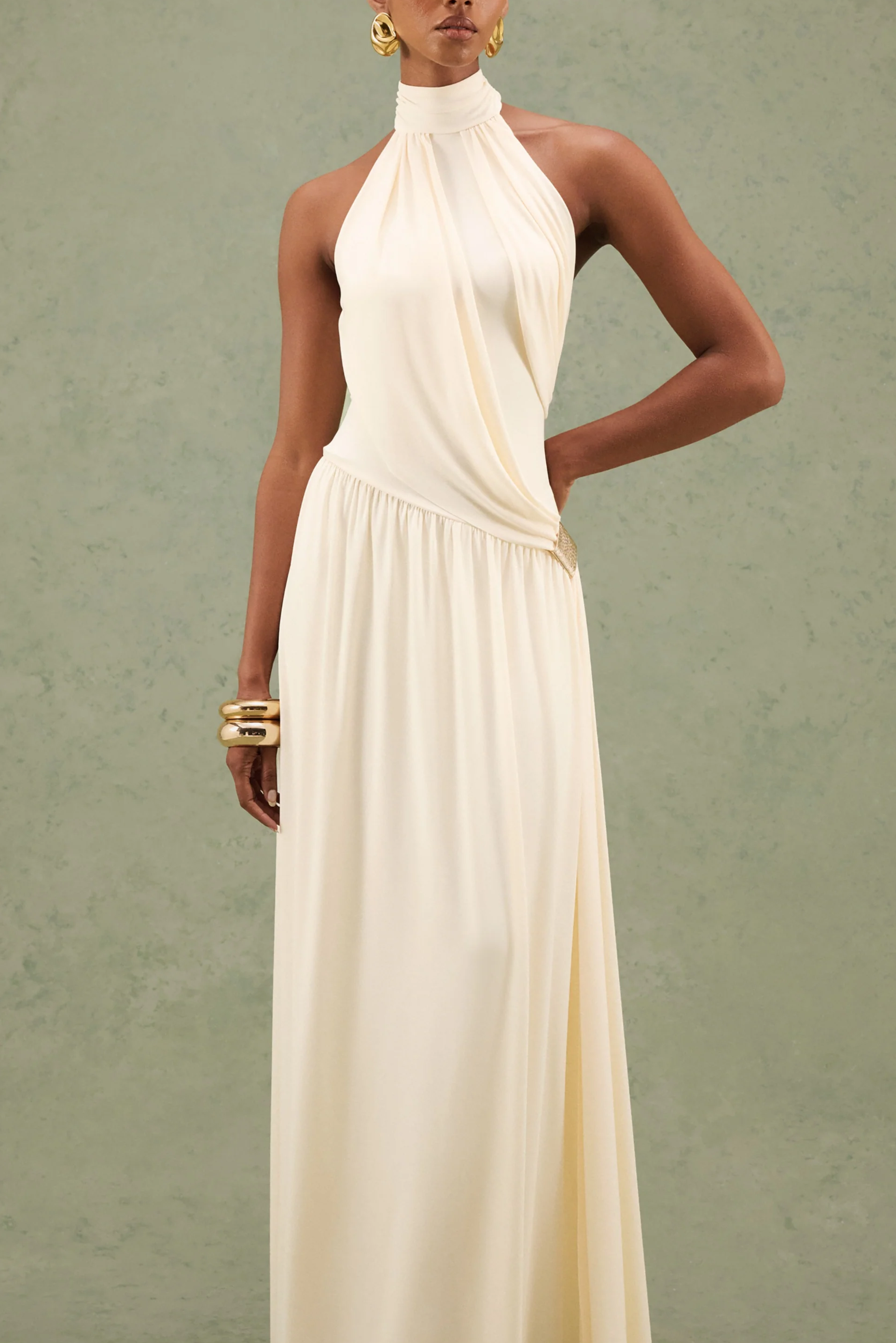 Cream Jersey Ruched High Neck Maxi Dress with Draped Detailing and Gold Trim