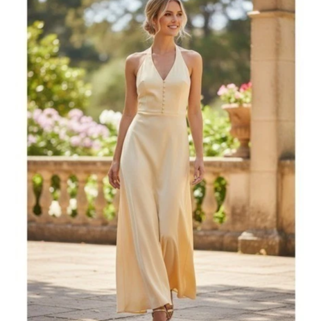 Free People NWT Champagne Satin Halter Maxi Dress S Button Front Cottagecore