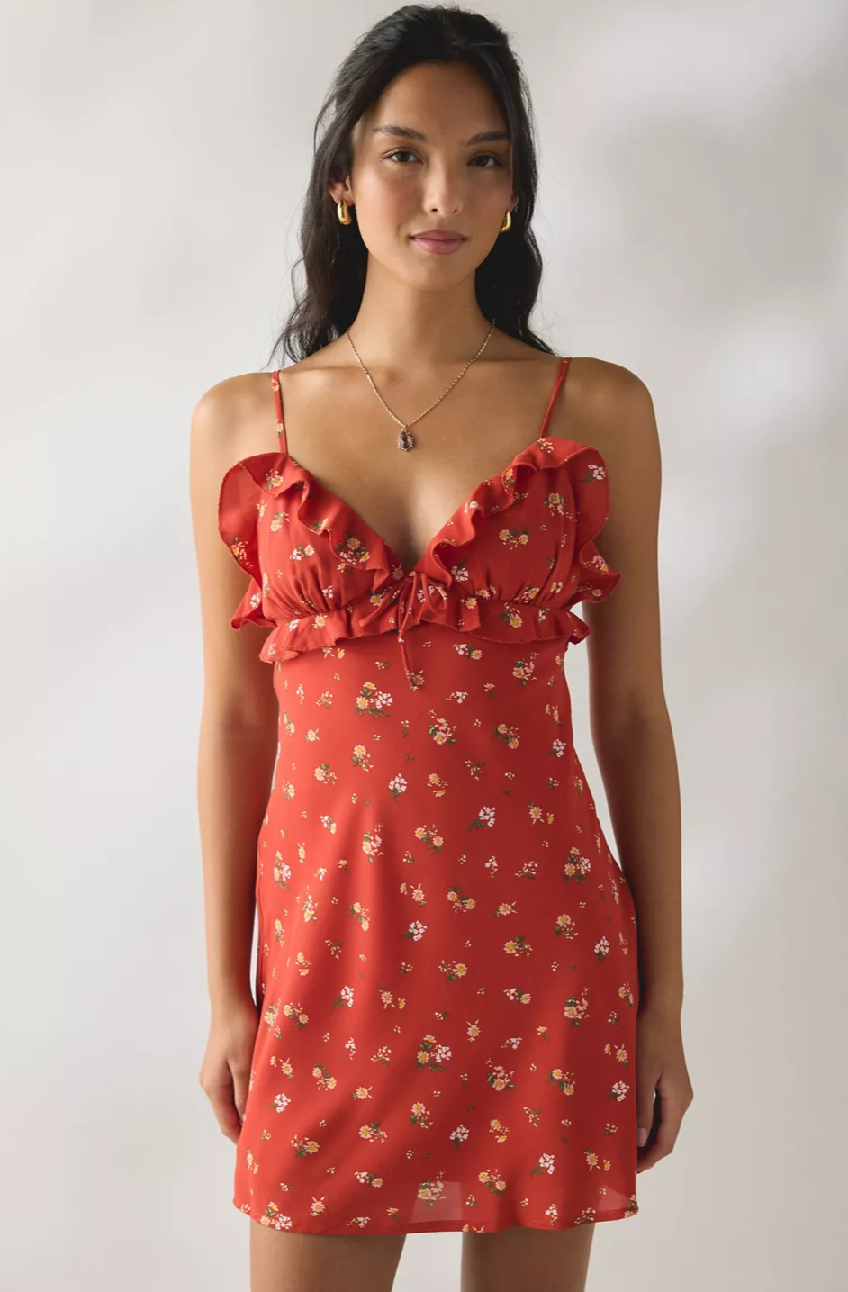 URBAN OUTFITTERS Kiss The Sky Uma Ruffle Floral Slip Mini Dress