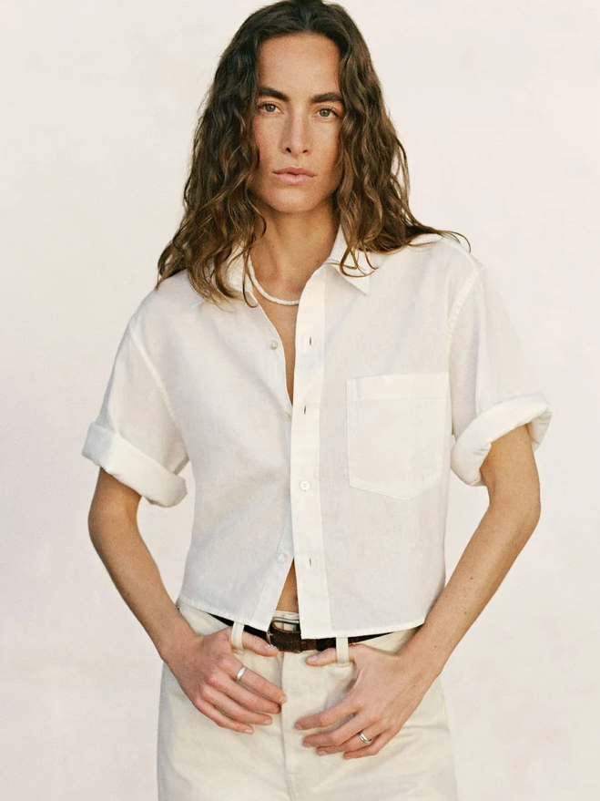 Mainstay Cotton Linen Cut-Off Short Sleeve Button Down