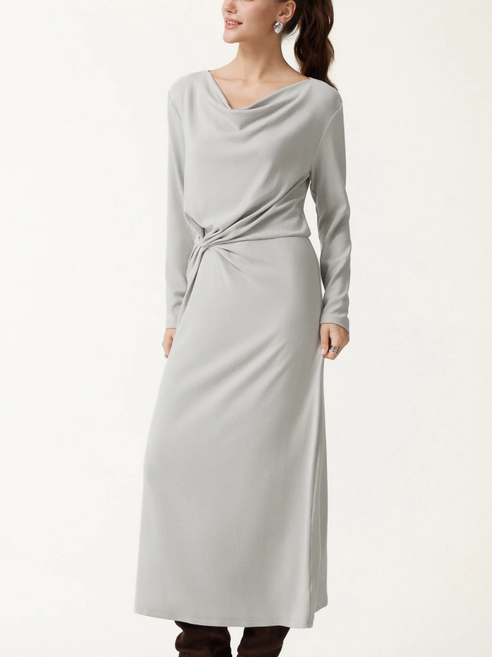 LiteWarm Cowl Neck Long Sleeve Tucked Midi Dress